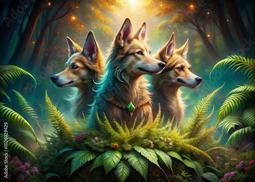 Unique Triple Head Dog in a Fantasy Landscape - Stunning Photography photo