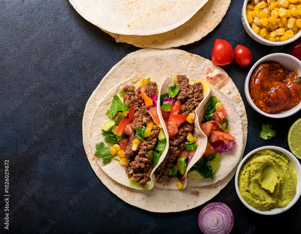 A top down view of tacos filled with beef and assorted vegetables on a dark surface A top down view of tacos filled with beef and assorted vegetables on a dark surface