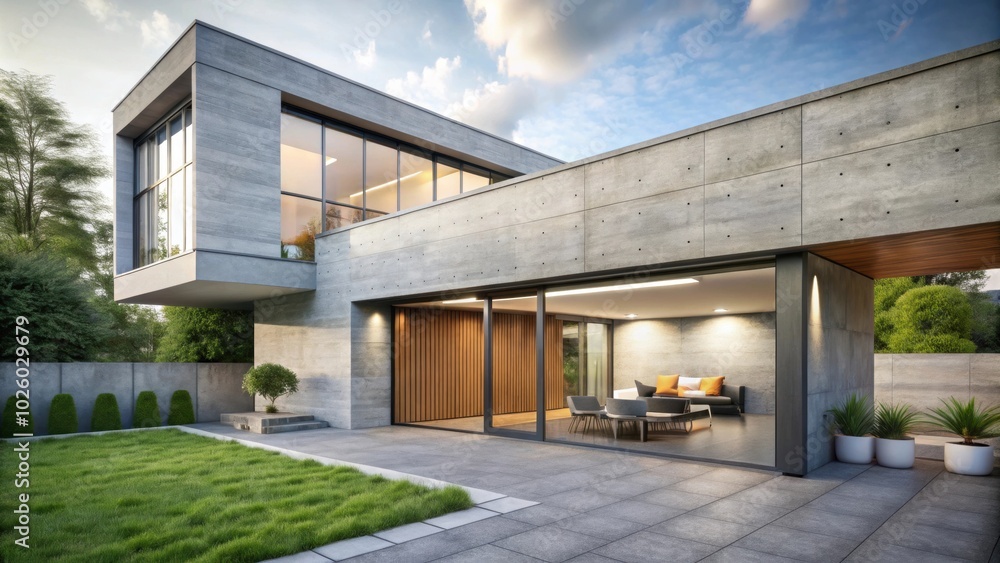 Modern house with large concrete wall and window, backyard with cobblestone terrace floor , modern, house, concrete Modern house with large concrete wall and window, backyard with cobblestone terrace floor , modern, house, concrete