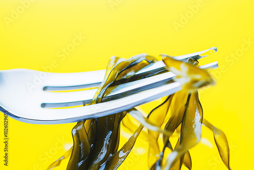 Seaweed, kelp on a fork, close-up