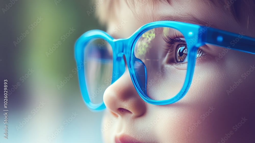 Focused on Nature: Young Child with Blue Glasses Admiring a Distant Tree Focused on Nature: Young Child with Blue Glasses Admiring a Distant Tree