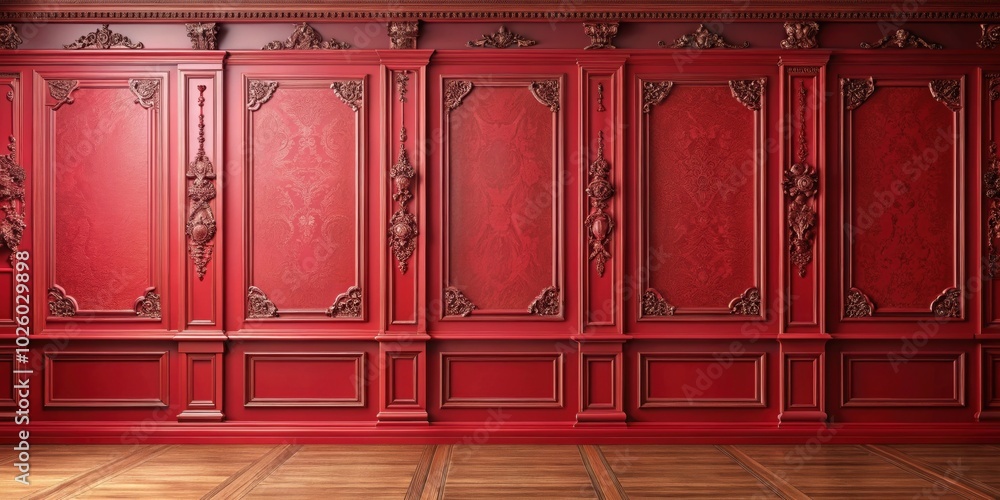 Fototapeta premium Victorian red interior wall mock up, Victorian, red, interior, wall, mock up, vintage, architecture, design, classic