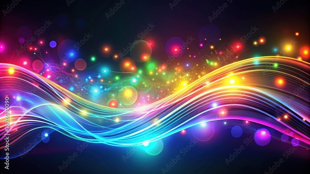 Abstract neon background with glowing wavy lines and colorful bokeh lights, render, abstract, neon, background