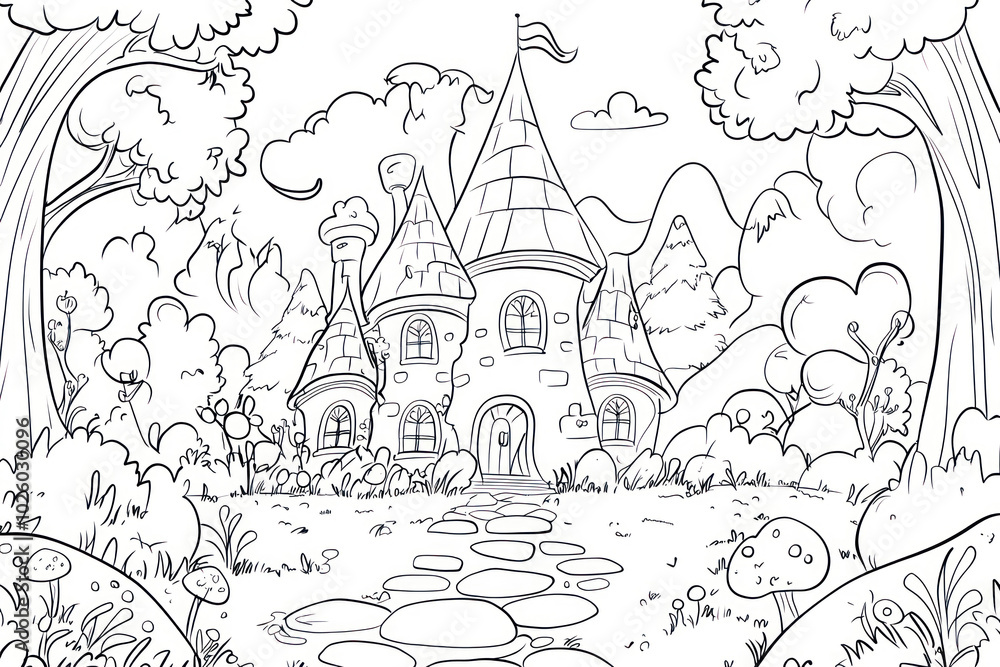 Naklejka premium Fairy Tale, coloring page for kids, line art, black and white.