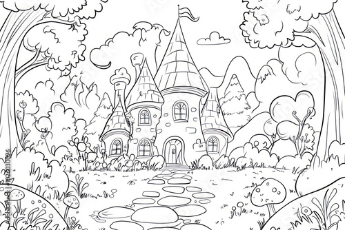 Fairy Tale, coloring page for kids, line art, black and white.