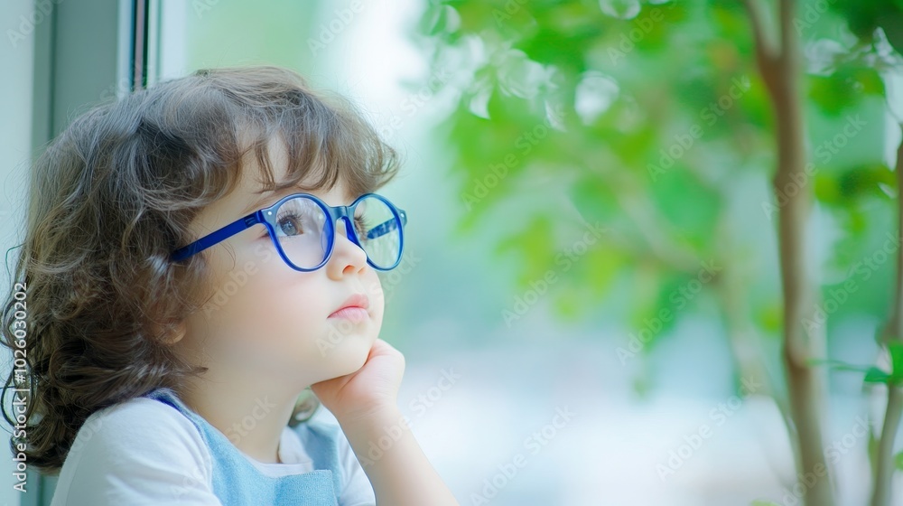 Focused on Nature: Young Child with Blue Glasses Admiring a Distant Tree Focused on Nature: Young Child with Blue Glasses Admiring a Distant Tree
