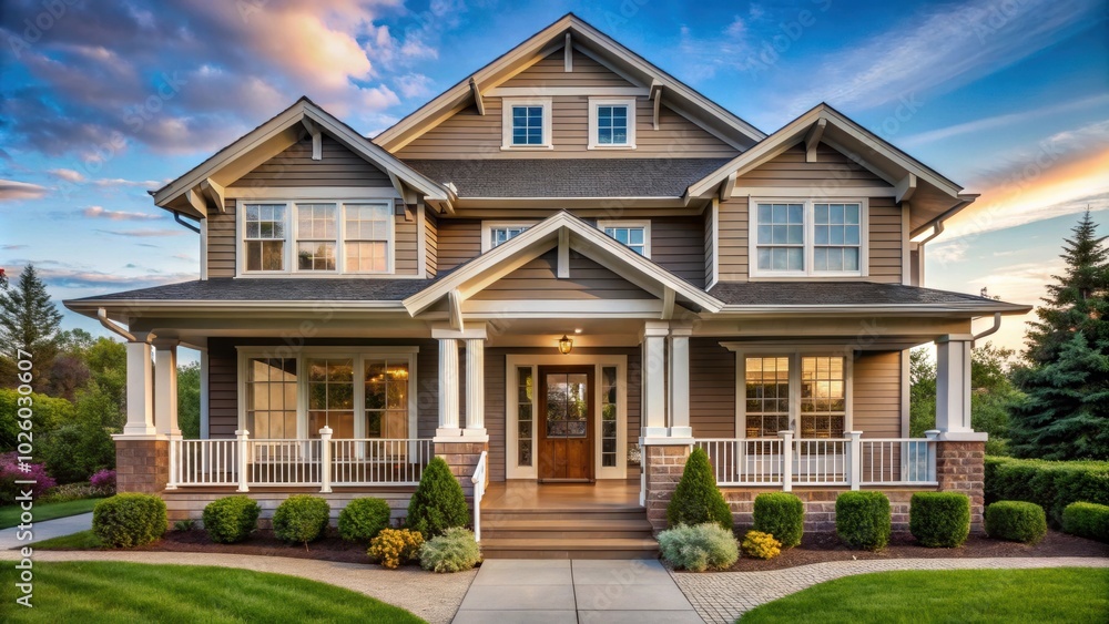 Facade of a beautifully designed house with large windows and a welcoming porch , exterior, architecture, home, front Facade of a beautifully designed house with large windows and a welcoming porch , exterior, architecture, home, front