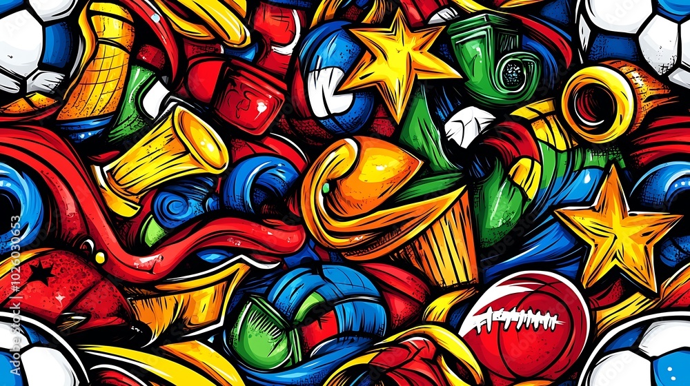 Fototapeta premium A playful sports fever doodle pattern featuring soccer balls, tennis rackets, basketball hoops, and football helmets, with swirling lines, stars, and trophies,