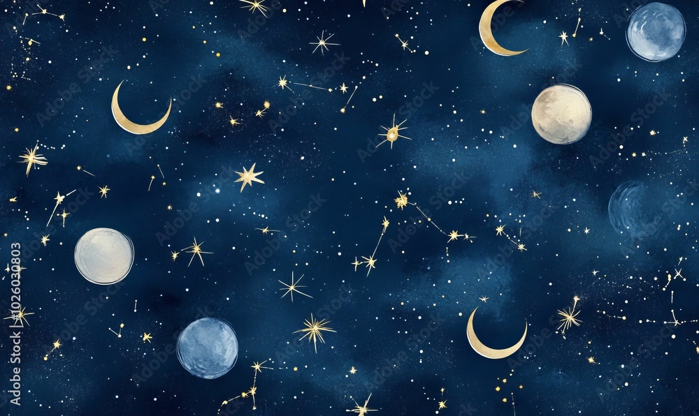 Naklejka premium Night sky with stars, moons, and constellations.