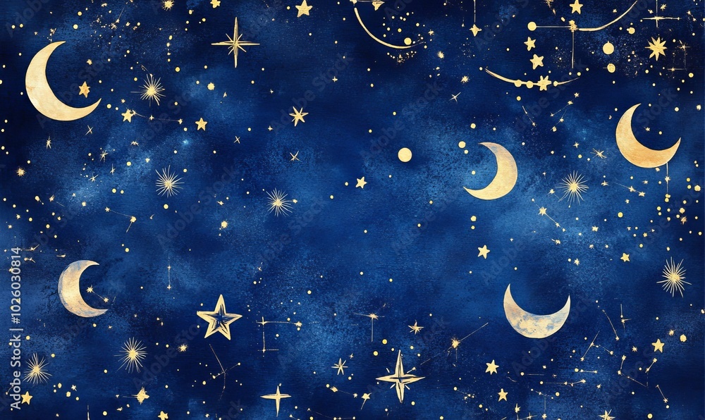 Golden crescent moons and stars on blue night sky. Golden crescent moons and stars on blue night sky.
