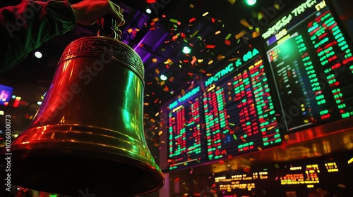 Jubilant IPO Celebration - Person ringing a large bell amidst a shower of confetti, symbolizing a successful initial public offering.