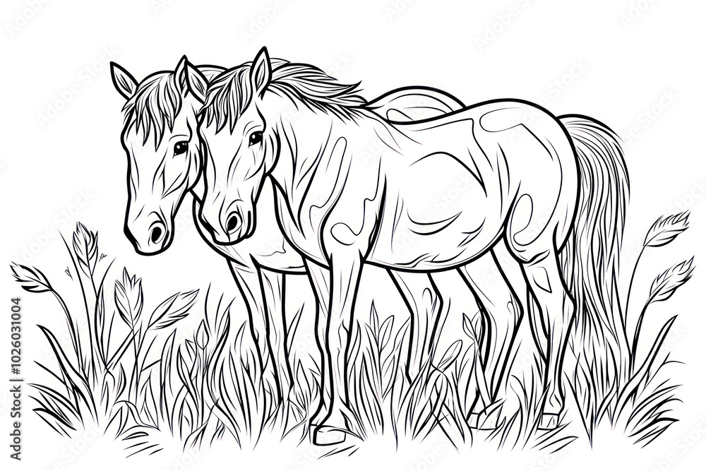 Fototapeta premium Horses, coloring page for kids, line art, black and white.