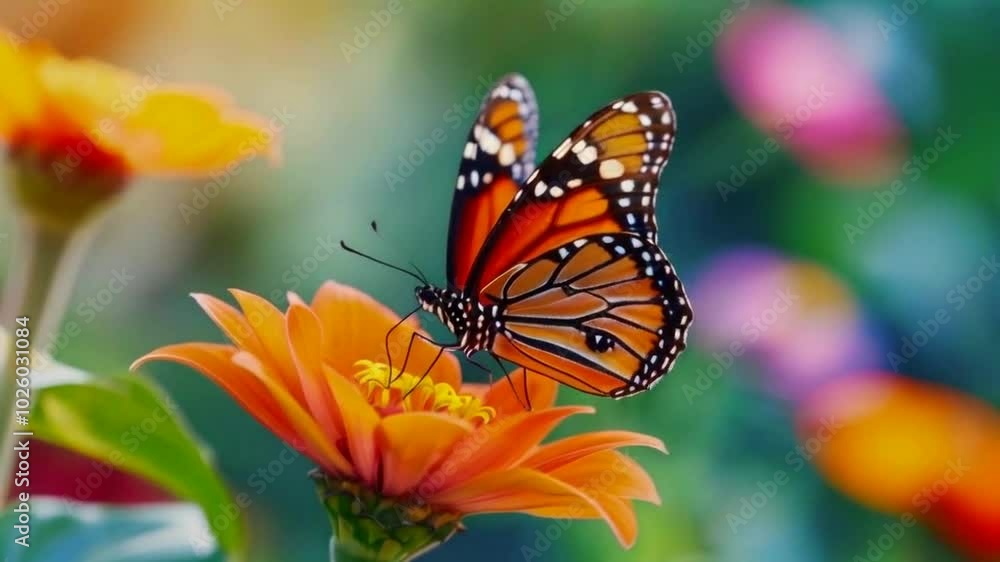Beautiful orange monarch butterfly perched on a vibrant flower, wings outstretched in a summer garden Beautiful orange monarch butterfly perched on a vibrant flower, wings outstretched in a summer garden