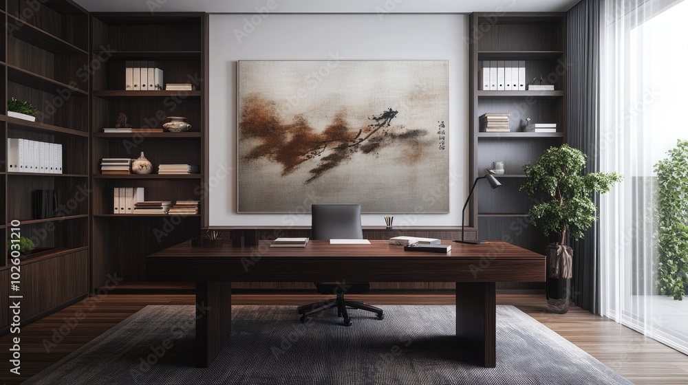 A stylish home office blending traditional and modern Asian design elements