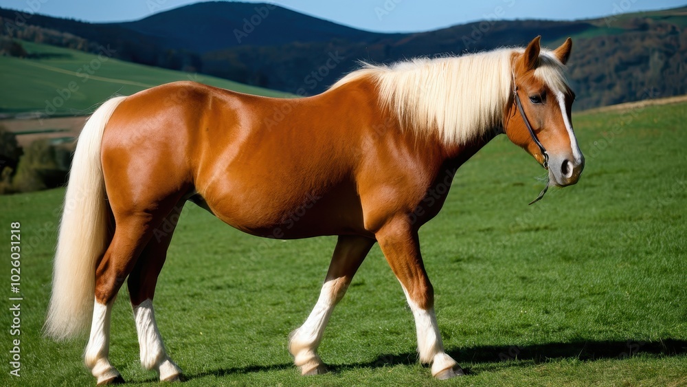 Obraz premium Graceful Haflinger horse looking left, highlighting its distinctive breed features. A versatile image for horse lovers, breeders, or equestrian design needs