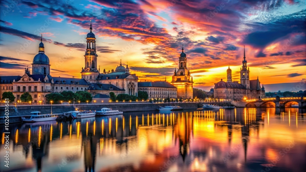 Fototapeta premium Dresdenâ€™s skyline at dusk presents a captivating silhouette, featuring iconic landmarks set against a beautiful gradient sky that transitions from vibrant hues to deep twilight.