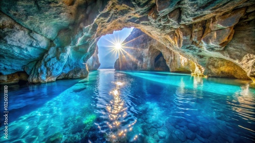 Crystal clear turquoise water of Capri blue grotto with sunlight shining through the cave entrance , Capri