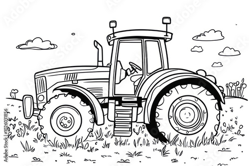 Tractor, coloring page for kids, line art, black and white.