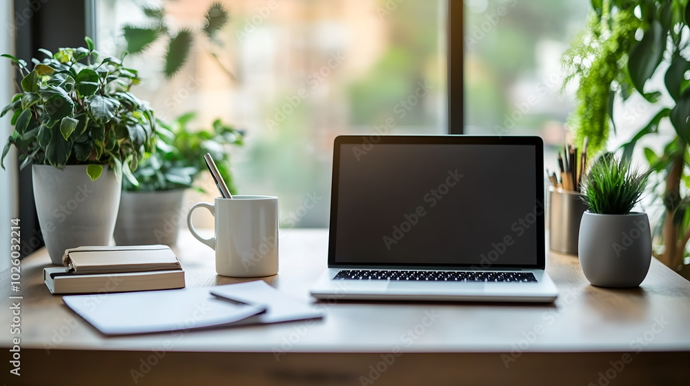 A clean, modern office desk with a laptop, coffee cup, and notepad A clean, modern office desk with a laptop, coffee cup, and notepad