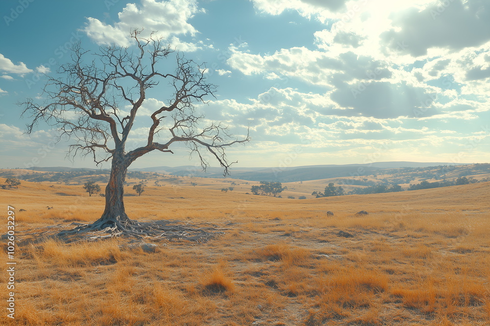 A dry, cracked desert landscape suffering from severe drought, withered tree, heatwaves A dry, cracked desert landscape suffering from severe drought, withered tree, heatwaves