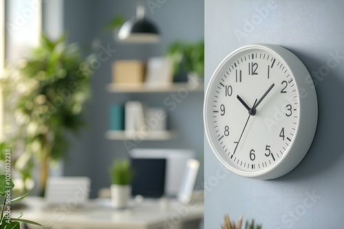 A close-up of an office clock on the wall, with the time approaching the start of the workday at 10