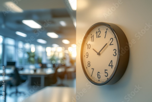 A close-up of an office clock on the wall, with the time approaching the start of the workday at 10