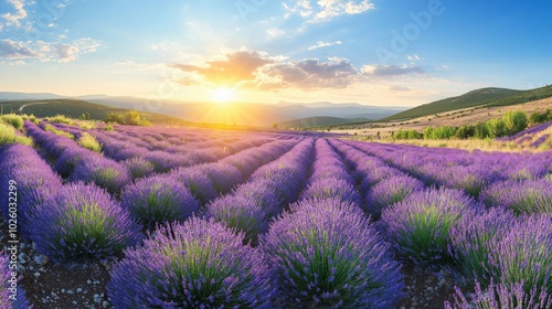 Lavender Field at Sunset with Sunbeams and Rolling Hills