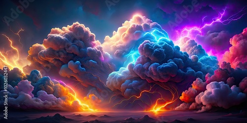 Dynamic 3D visualization features neon clouds aglow with bright light, depicting a captivating stormy weather phenomenon in a strikingly vivid and artistic manner.