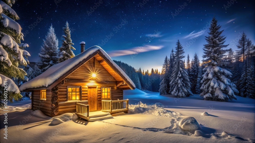 Cabin illuminated at night in snowy setting, cabin, winter, snow, illuminated, cozy, warmth, evening, rustic, isolated, peaceful Cabin illuminated at night in snowy setting, cabin, winter, snow, illuminated, cozy, warmth, evening, rustic, isolated, peaceful
