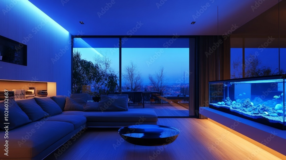 A minimalist living room with a glowing fish tank, adding a calm and serene touch to the environment. A minimalist living room with a glowing fish tank, adding a calm and serene touch to the environment.