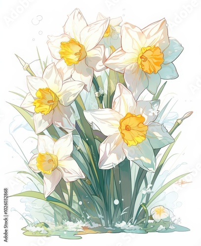 Illustration of vibrant daffodils in full bloom, showcasing their bright yellow centers and delicate white petals.