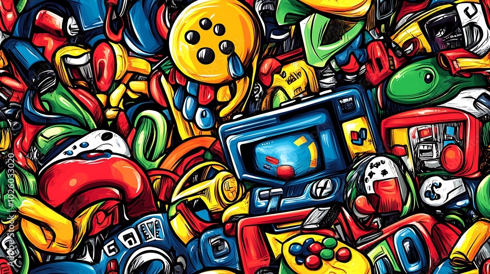 Fototapeta premium A retro gaming-themed doodle pattern showcasing vintage game consoles, joysticks, arcade screens, and pixelated icons, surrounded by bright neon color splashes, nostalgic and dynamic, hd quality,