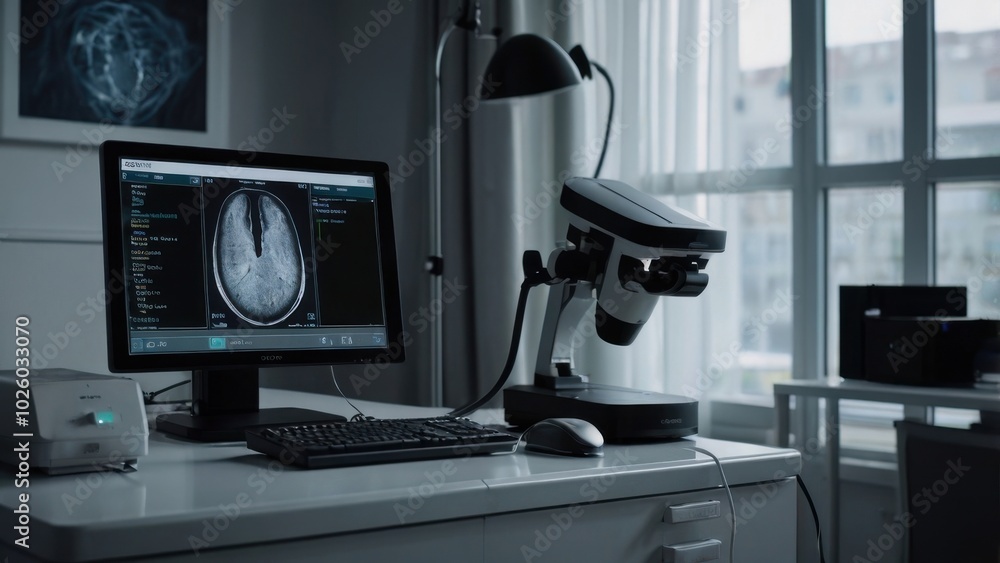 Medical Research Workspace: A sleek, modern workspace showcasing advanced medical technology, including a computer displaying a brain scan and a high-tech microscope, set against a bright window. Medical Research Workspace: A sleek, modern workspace showcasing advanced medical technology, including a computer displaying a brain scan and a high-tech microscope, set against a bright window.