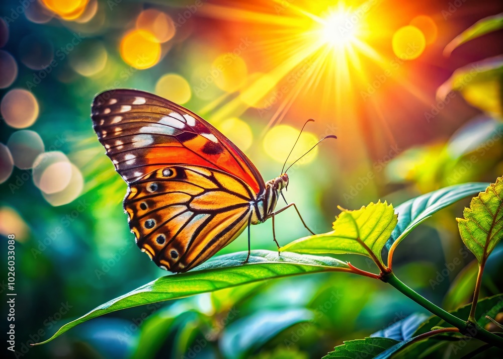 Obraz premium Vibrant Butterfly Feeding on Green Leaf in Lush Nature Scene