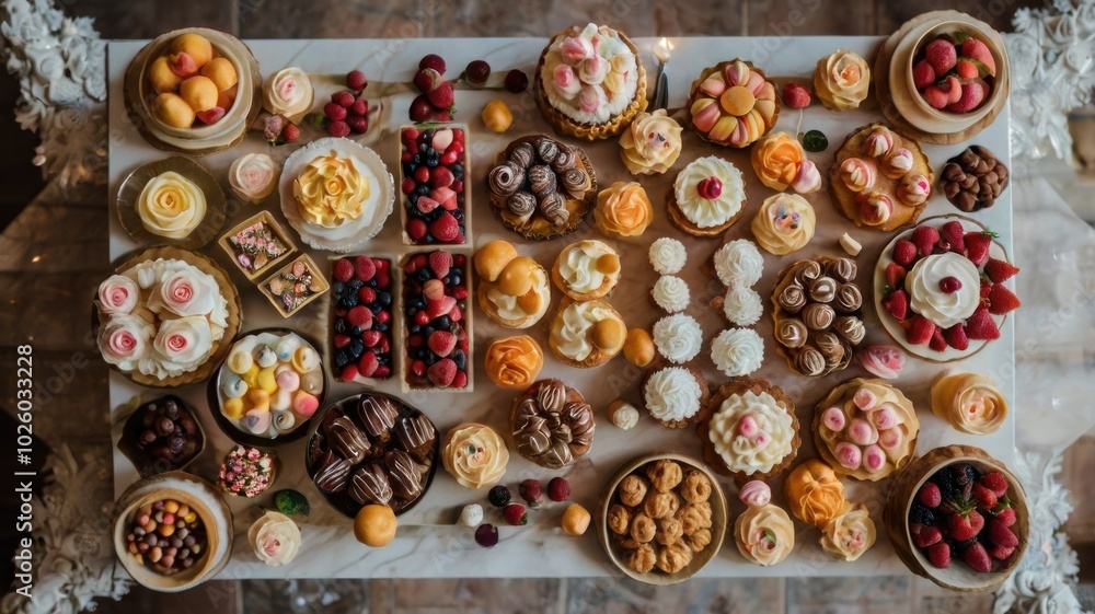 A Bountiful Dessert Spread: A feast for the eyes, this image showcases a lavish dessert table overflowing with an array of delectable treats. From dainty cupcakes to luscious fruit platters. A Bountiful Dessert Spread: A feast for the eyes, this image showcases a lavish dessert table overflowing with an array of delectable treats. From dainty cupcakes to luscious fruit platters.