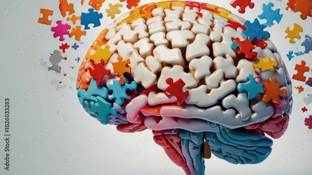 Obraz premium The Puzzle of the Mind: Colorful puzzle pieces swirl around a 3D model of a human brain, symbolizing the complexity and interconnectedness of thought, learning, and human potential. 