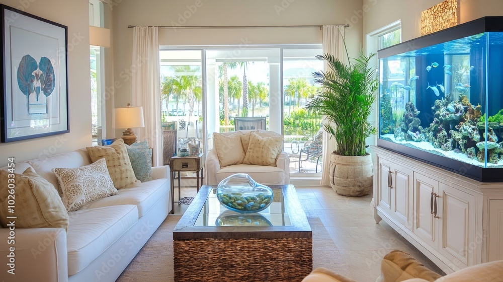 Bright and airy living room with a fish tank centerpiece, filled with serene fish, adding a calming vibe. Bright and airy living room with a fish tank centerpiece, filled with serene fish, adding a calming vibe.