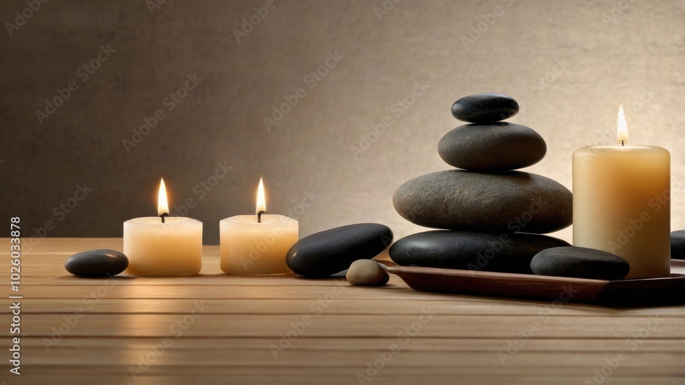 Tranquil Spa Serenity: A serene and inviting spa setting with a stack of smooth stones, flickering candles, and a wooden tray, creating an atmosphere of relaxation and rejuvenation. Tranquil Spa Serenity: A serene and inviting spa setting with a stack of smooth stones, flickering candles, and a wooden tray, creating an atmosphere of relaxation and rejuvenation.