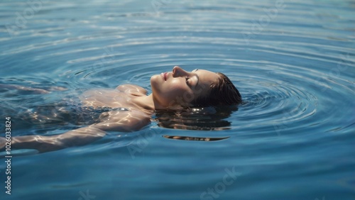 Serene Poolside Moment: A woman floats peacefully in a crystal-clear pool, sunlight dancing on the water's surface.  A tranquil scene of relaxation and summer bliss. 