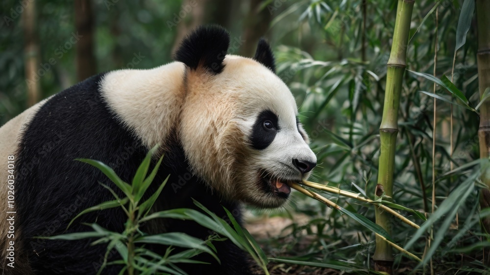 Obraz premium Peaceful Panda Feasting: A majestic giant panda in its natural habitat, surrounded by lush bamboo, enjoys a peaceful and leisurely meal.