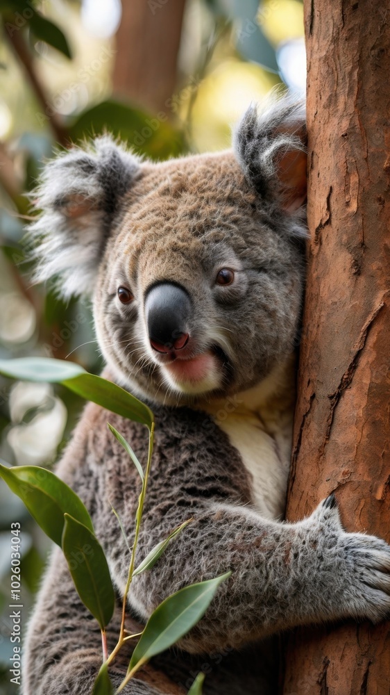 Naklejka premium Koala on Eucalyptus Tree: A close-up portrait of an adorable koala clinging to a eucalyptus tree, showcasing its soft fur and endearing expression. Perfect for nature lovers and wildlife enthusiasts.