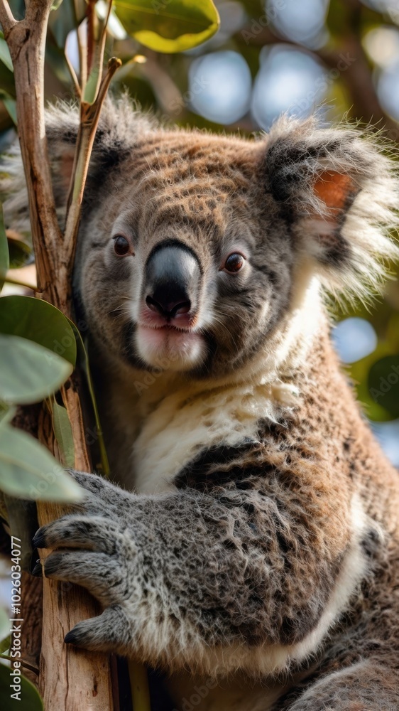 Obraz premium Koala's Curious Gaze: A close-up portrait of a koala clinging to a tree branch, its inquisitive gaze fixed on the camera, showcasing its unique and endearing features. 