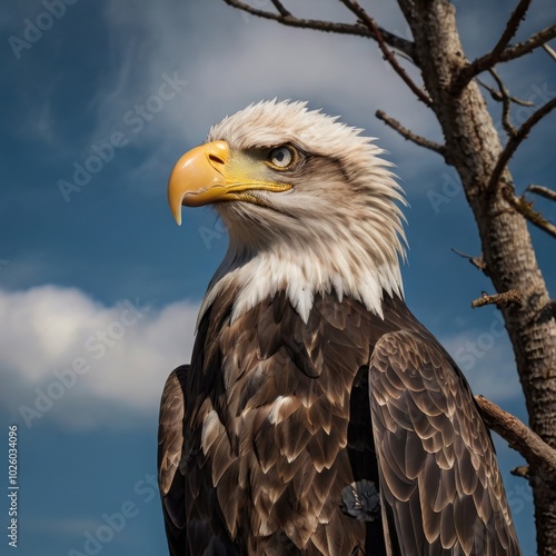 Majestic Bald Eagle Soaring High: A powerful portrait of a Bald Eagle, its gaze intense, set against a dramatic sky. The image evokes feelings of freedom, strength, and the untamed beauty of nature.