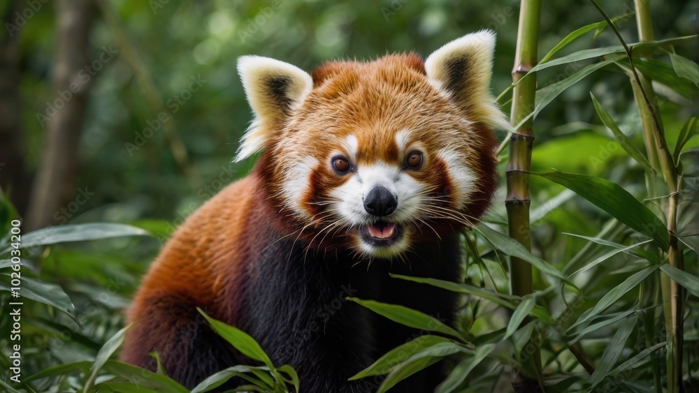 Red Panda in Lush Green Bamboo Forest: A close-up portrait of a playful red panda, its bright eyes wide with curiosity, peering out from amidst a vibrant green bamboo forest. Red Panda in Lush Green Bamboo Forest: A close-up portrait of a playful red panda, its bright eyes wide with curiosity, peering out from amidst a vibrant green bamboo forest.