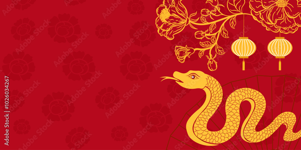 New year 2025 year of the Snake. Golden Snake vector and decorated with Chinese lanterns and peonies on red background. New year 2025 year of the Snake. Golden Snake vector and decorated with Chinese lanterns and peonies on red background.