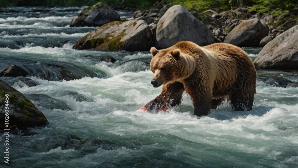 Grizzly's Bounty: Majestic Alaskan Brown Bear Fishing for Salmon in a Rushing River Grizzly's Bounty: Majestic Alaskan Brown Bear Fishing for Salmon in a Rushing River