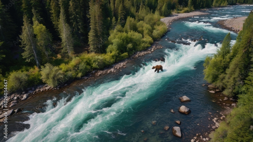 Obraz premium Grizzly in the Rapids: A majestic grizzly bear navigates a powerful river current, its strength and determination on full display in this captivating aerial photograph.