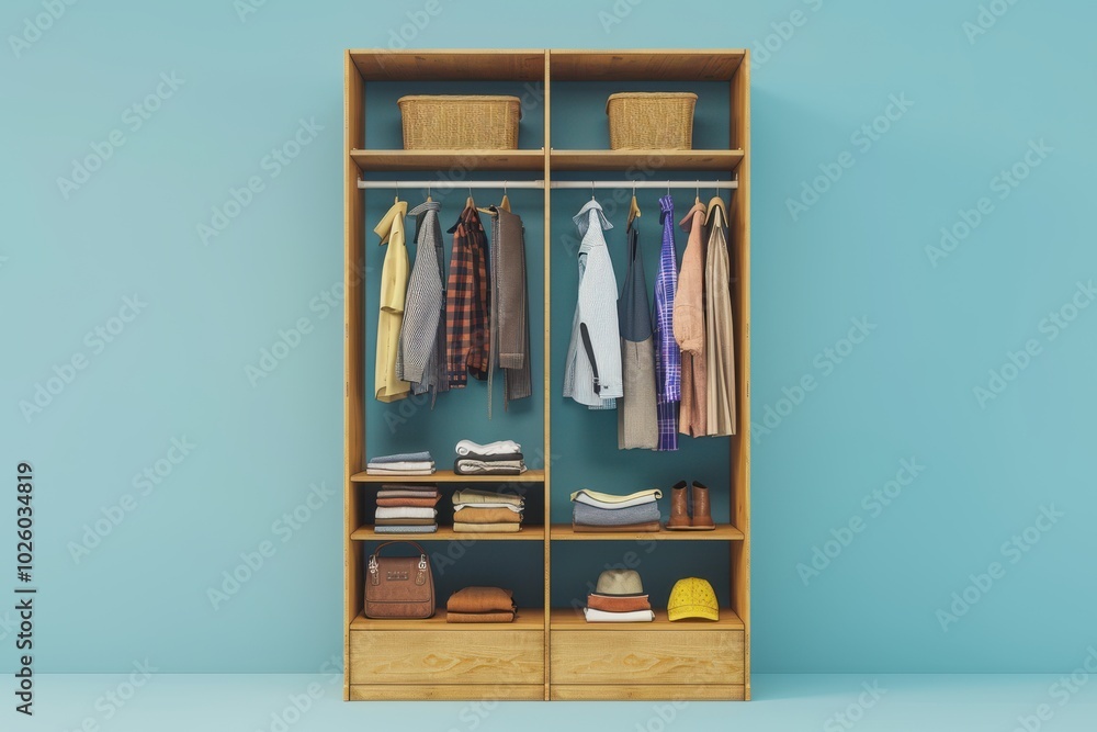 Neatly organized wooden wardrobe with clothes and accessories in a bright room Neatly organized wooden wardrobe with clothes and accessories in a bright room