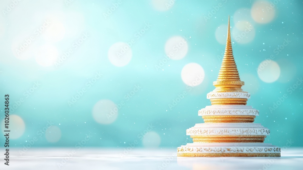 Elegant Golden Stupa on Soft Blue Background Elegant Golden Stupa on Soft Blue Background