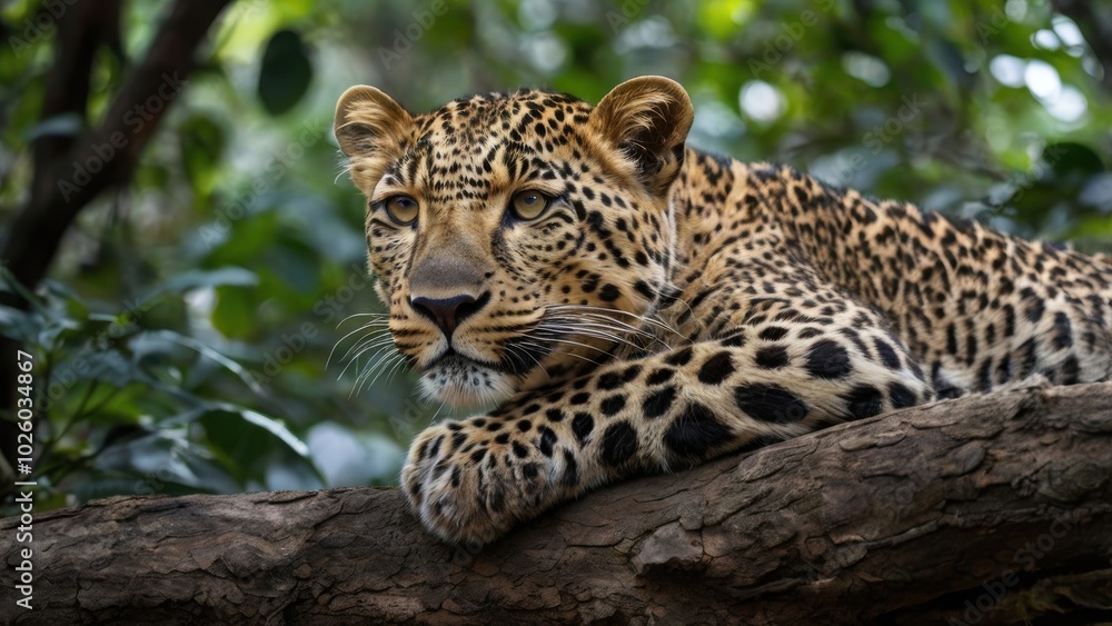 Leopard in the Jungle: A majestic leopard, its gaze intense and captivating, rests on a branch in the lush green jungle. The dense foliage creates a sense of mystery and wonder. Leopard in the Jungle: A majestic leopard, its gaze intense and captivating, rests on a branch in the lush green jungle. The dense foliage creates a sense of mystery and wonder.